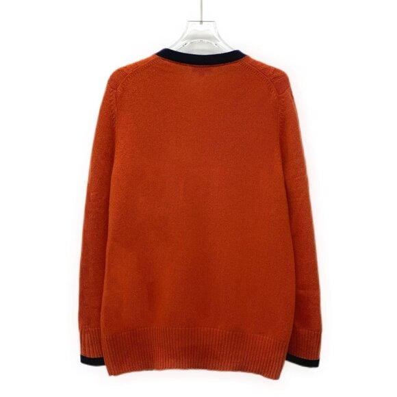 Chanel Red Cashmere V-Neck Cardigan With Navy Trim & Pockets Button Front Size 3 - Picture 2 of 8